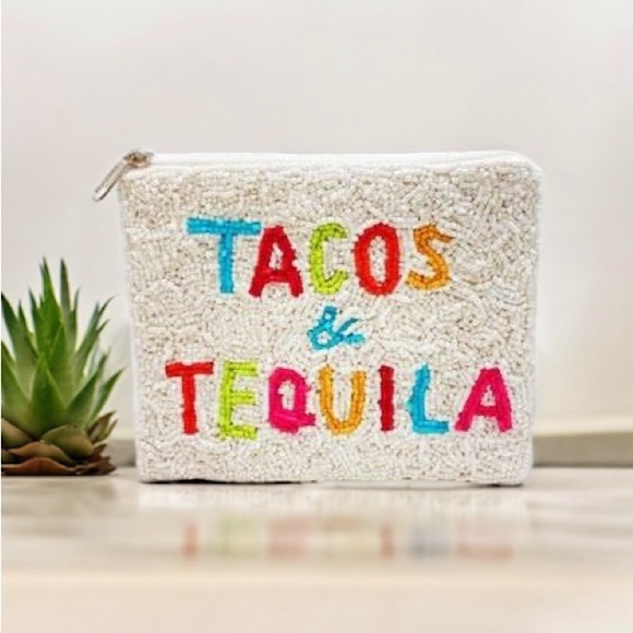 NWT Tacos & Tequila Beaded Coin Purse White Multicolor Zip SHIRDEE Clutch Pouch
